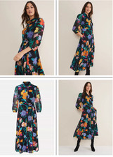 PHASE EIGHT Alta Floral Midi Dress Shirt Long Sleeve Belt UK8 Black Summer E5231