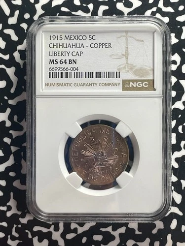 1915 Mexico Chihuahua 5 Centavos NGC MS64RB Lot#G819 Choice UNC! Liberty Cap