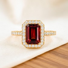 Natural Garnet And Diamond Emerald Cut Ring - 14k Gold January Birthstone  1043