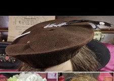 Vintage Brown Wool Hat - Wide Brim Beret w Feather  Pin Antique 1920s