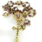 Rosary Immaculate Mary Lampwork Beads Gold Tone with Pink Quartz