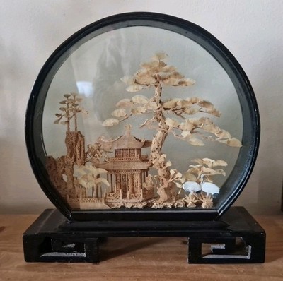 Vintage Chinese Cork Diorama Scene with Cranes, Pagoda, and Trees 9''