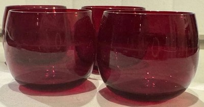 4x VINTAGE MCM ROLY POLY RUBY RED GLASSES Anchor Hocking BARWARE Whiskey GLASS