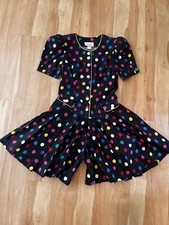 Vtg Womens 80s Disco Culottes Drop Waist Mini Dress Romper Puff Sleeve S 8