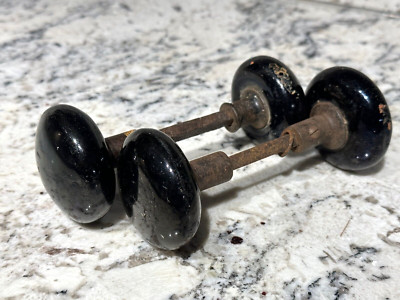 BLACK PORCELAIN Vintage Door Knobs Lot of 2 Pairs Antique Renovation Hardware