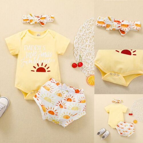 Neugeborene Kinder Baby Mädchen Kleidung Briefdruck Strampler Body Shorts Outfits Set - Bild 1 von 8