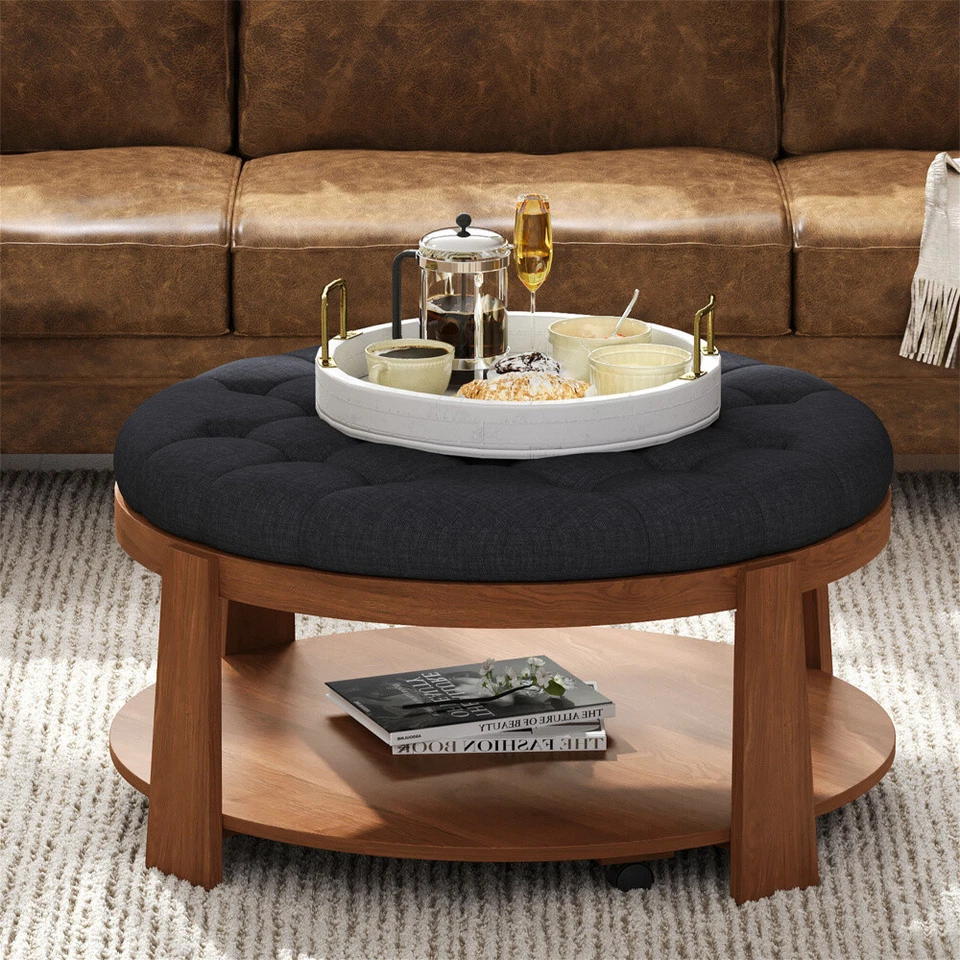 Large Round Tufted Ottoman w/ Wheels & Storage, Waterproof Coffee Table, Linen - Image 2 of 4