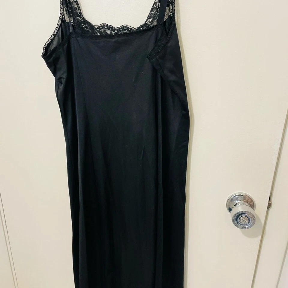 Vintage Olga black slip dress gown sz 32F small/medium adj straps w lace trim - Image 4 of 4