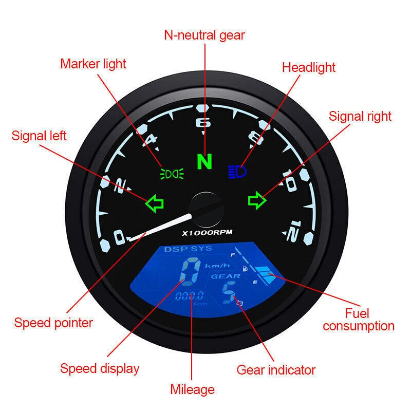 LCD Digital Moto Odómetro Velocímetro Tacómetro Medidor 1200RPM + Sensor Foto 4 de 4