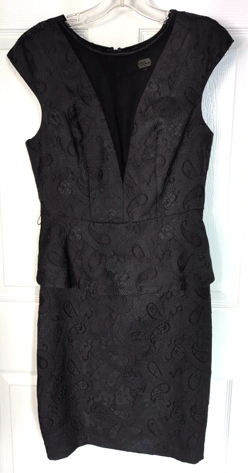 Eva Franco Black Paloma Peplum Cocktail Wiggle Dress Sz 6 Plunging Mesh V-neck - Image 2 of 4