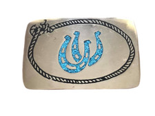 Turquoise  Brass Belt Buckle Lucky Horseshoes 3" x 2"