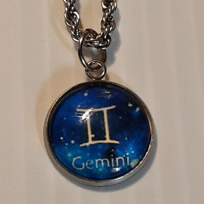ZODIAC SIGN GEMINI Pendant Charm / 20'' STAINLESS STEEL ROPE NECKLACE