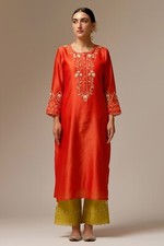Orange Chanderi Embellished Kurta with Mustard Green Pant