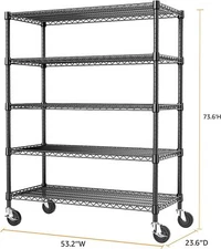 5 Tier Metal Wheel Shelves Units Adjustable Heavy Duty Rack 23.6"x 53.2" X 73.6"