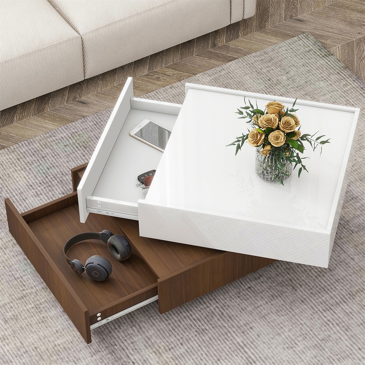 GS-BOXY COFFEE TABLEカマラスボックス テーブル 360° Swivel Square Coffee Table High Gloss Center Cocktail