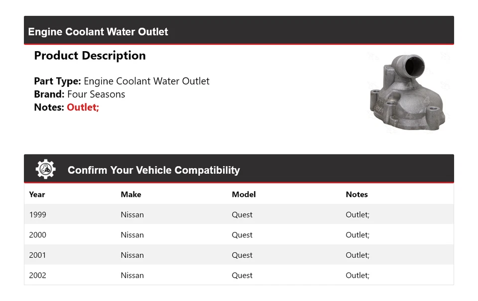 Salida de agua refrigerante motor Nissan Quest 1999-2002 4 estaciones 2000 2001 Foto 2 de 4