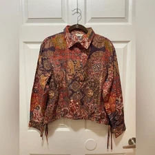 Tru Luxe Womes Button Shirt Top Boho Size M Drawstring Waist Sleeve Paisley NWT