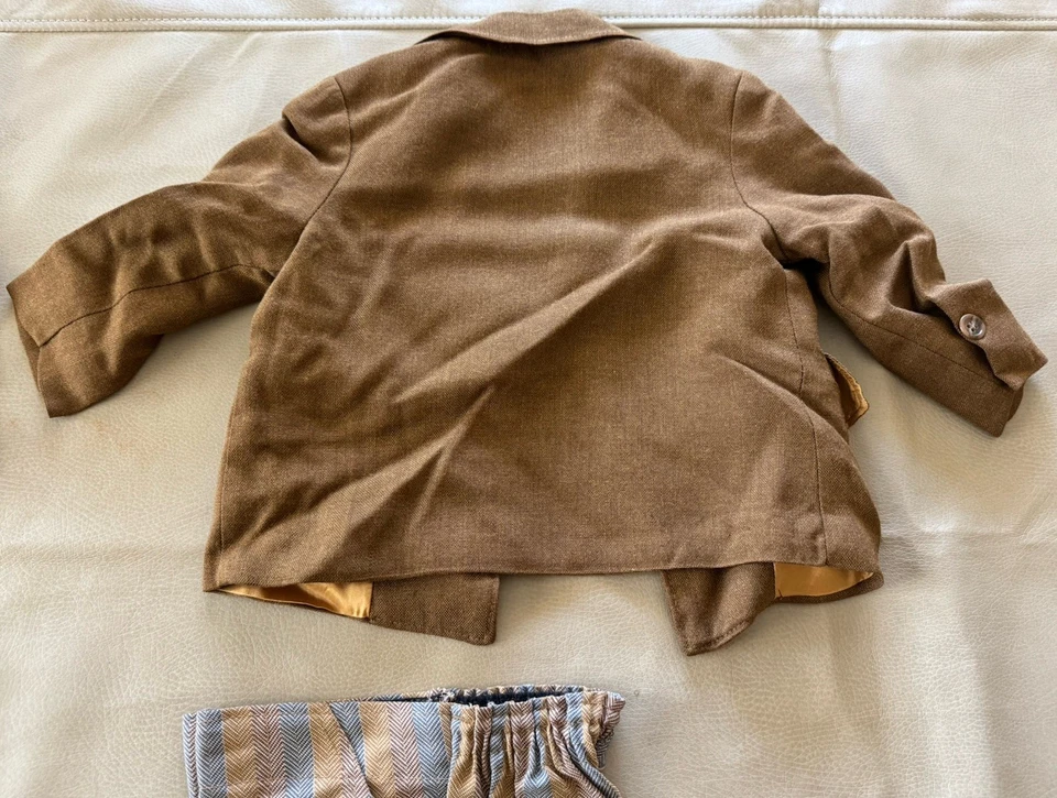 Blazer, traje, 2 pantalones, chaleco, lino marrón chocolate de colección para niños años 60’s/70’s, dorado, satinado Foto 4 de 4