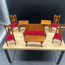 Vintage 8 Piece Dollhouse Miniature Red Velvet Living Room Set