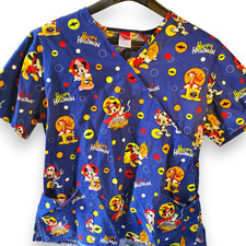 Disney Halloween Scrub Top XL Mickey Minnie Donald Skeleton Witch Blue Medical