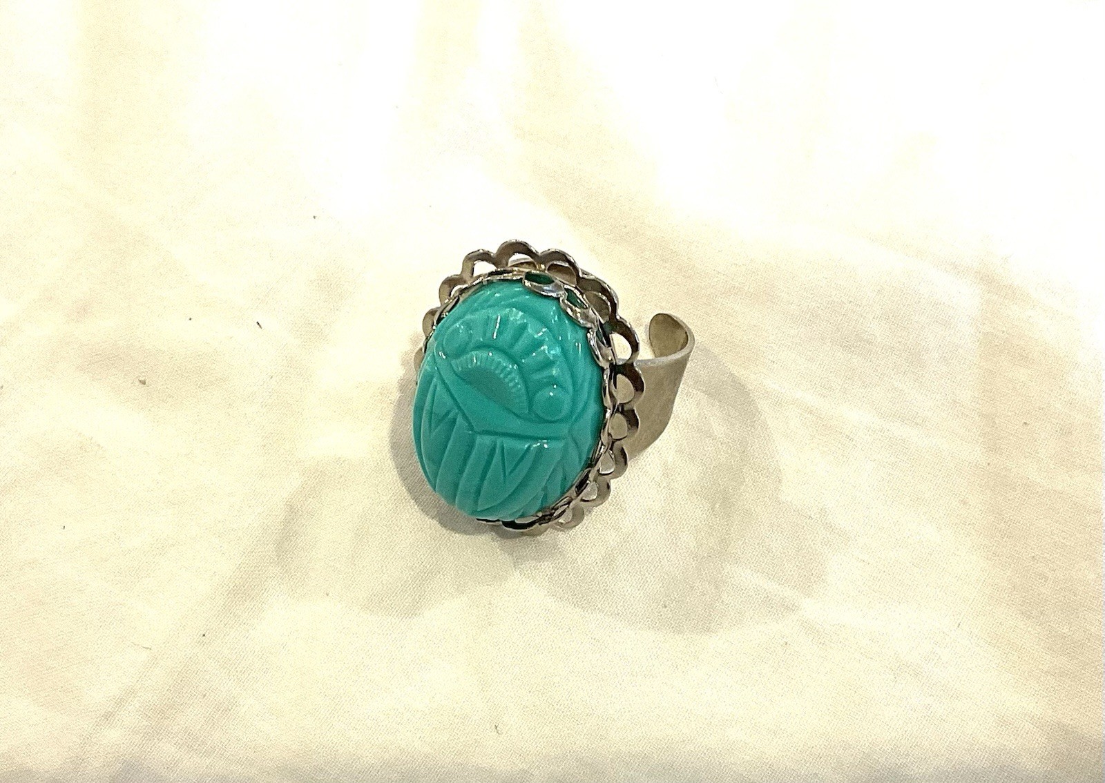 Turquoise Silver Adjustable Scarab Ring Statement… - image 1