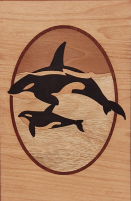 HUDSON RIVER INLAY PICTURE - ORCAS - WOOD MARQUETRY by 7 x 10 - #3