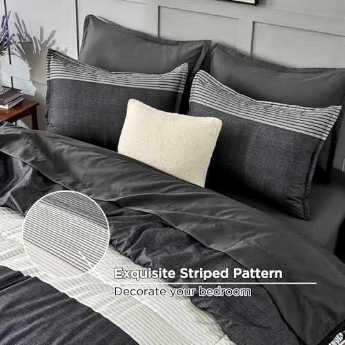 Set piumone misura 7 pezzi - letto a righe bianco nero King 02 - nero bianco - Foto 7 di 8