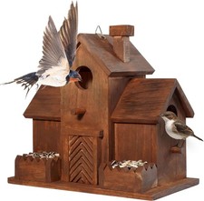MIXUMON Bird Houses for Outside with Bird Feeder, Outdoor 3 Hole Bird House Room