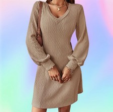 Woman’s Tan Stretchy Long Sleeve Fit and Flare Sweater Dress / Small