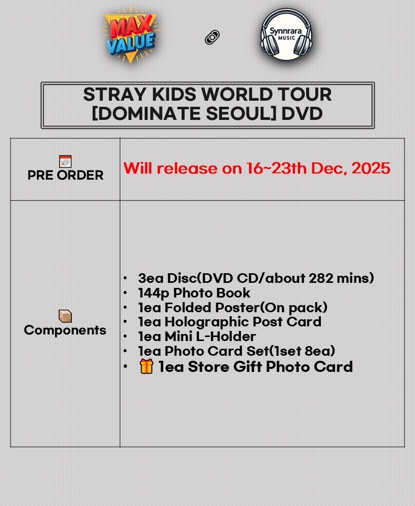 STRAY KIDS WORLD TOUR DOMINATE SEOUL DVD/3Disc+Photo Book+Poster+8