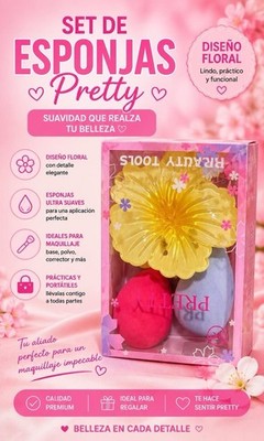 Pretty Floral Round Makeup Sponge Set 3 Pieces Portable Pink Purple Yellow