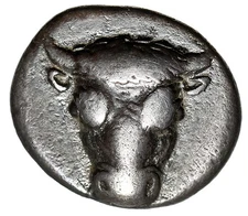 Phokis, Phokian League AR Triobol "Bull Facing & Apollo, Lyre" Good Very Fine