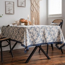 Flower Pattern Tablecloth Linen Cotton Table Cloth Blue Rose Dining Table Cloth