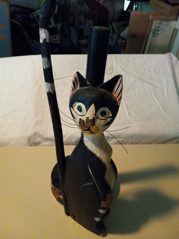 Paper Towel Holder 16"H Wooden Black & White Cat Kitty Painted Indonesia
