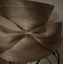 Church Hat Mr. Song Millinery Women's Beige Formal Hat Bow Rhinestone Accent