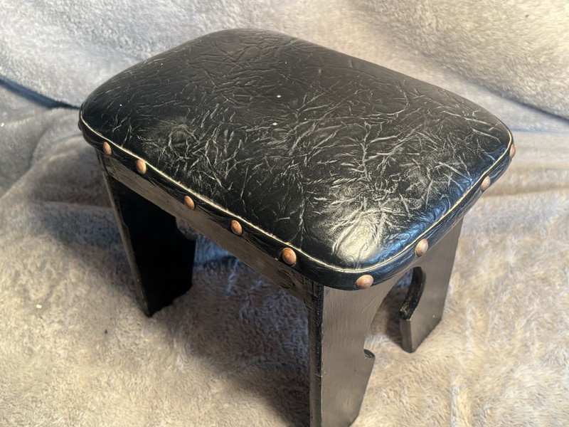 Antique 1920s Black Leather Top Rectangular 12”X 10”x 8” Wood Footstool Stool