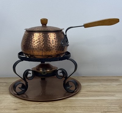 Vintage Antique Hammered Copper Fondue Set With Iron Stand 7 Piece Set