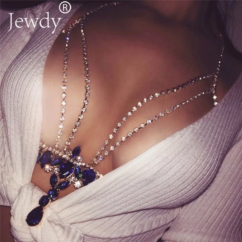 Women Shiny Rhinestone Crystal Body Chain Chest Harness Bra Necklace  Jewelry UK