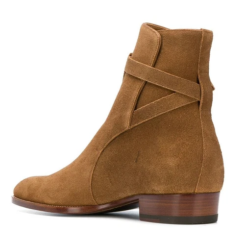 Buckle Mens Pointed Toe Chelsea Ankle Boots Motor Shoes Real Leather Mid Heel - Picture 6 of 14