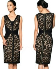 Tadashi Shoji Black Nude Lace Pintuck Pleat Jersey Piping Sheath Dress 8