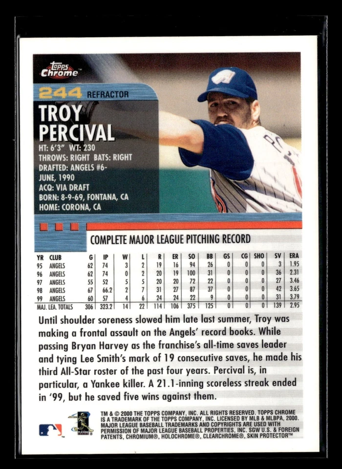 2000 Topps Chrome переливающаяся карточка No244 Troy Percival Angels - Изображение 2 из 2