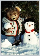 Postcard Snowbear Christmas Teddy Bear and Snowman Christmas