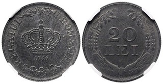FITZ ROMANIA Kingdom Mihai I. 20 Lei 1944 NGC MS64 w. LUSTER Slabed Coin AWA01