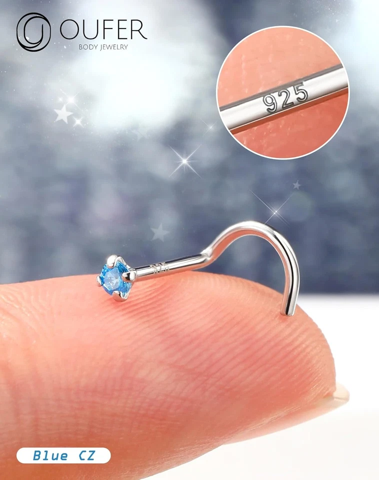 20G Oro Bianco Piercing Naso Argento 925 Anello Naso 7Mm Nose Ring CZ Viola/Blu/ - Immagine 2 di 4