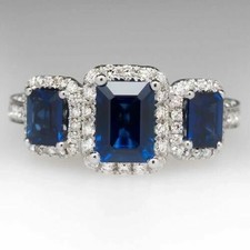Emerald Cut Blue Sapphire  Round White CZ Halo Ring in 925 Silver for Womens.