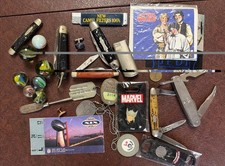 Junk Drawer Lot-Vintage Pocket Knives, Marbles,Military Tags,1985 Super Bowl++