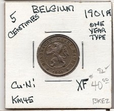 1901 5 Centimes BELGIUM Copper Nickel World Coin XF