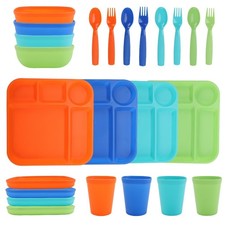 Kids Dinnerware Set 24 Piece Plastic with 4 Trays Bowls Plates Cups Forks Spoons