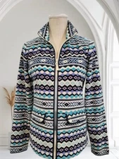 Talbots Full Zip Jacket Fleece Fair Isle Blue Size Small Snap Pockets Super Soft