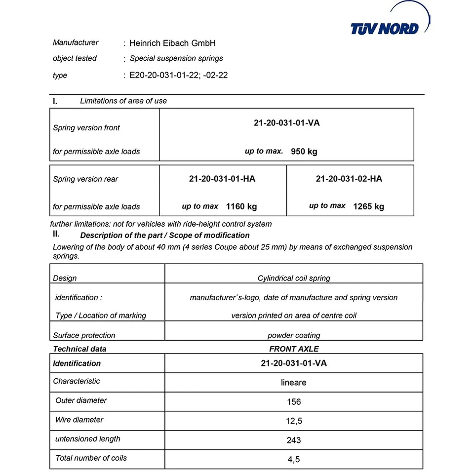 Eibach E20-20-031-01-22 Front Rear Lowering Springs for 12-18 328i / 14-20 428i - Image 4 of 4
